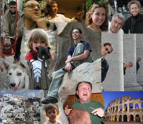 L to R:Roberto with copious amounts of cheap wine in Antibes, Antonino my tobbacconist friend in Firenze, Alain offering more Cassis in Sarlat, Sylvie in Granada, hawkers in Athens, cave-dweller girl in Granada, Adam in Paros, Nancy Adam John in Rome, one-eyed dog in Granada, destroyed church in Lisboa, Santorini, little boy in Sevilla, Geoff and his breasts in Antibes, Collisseum in Rome